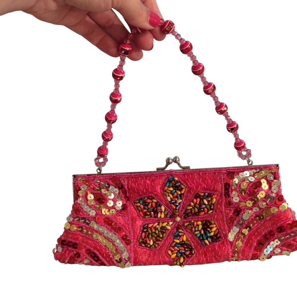 Pink Sequin Beaded Handbag Clutch 10 in Floral Design